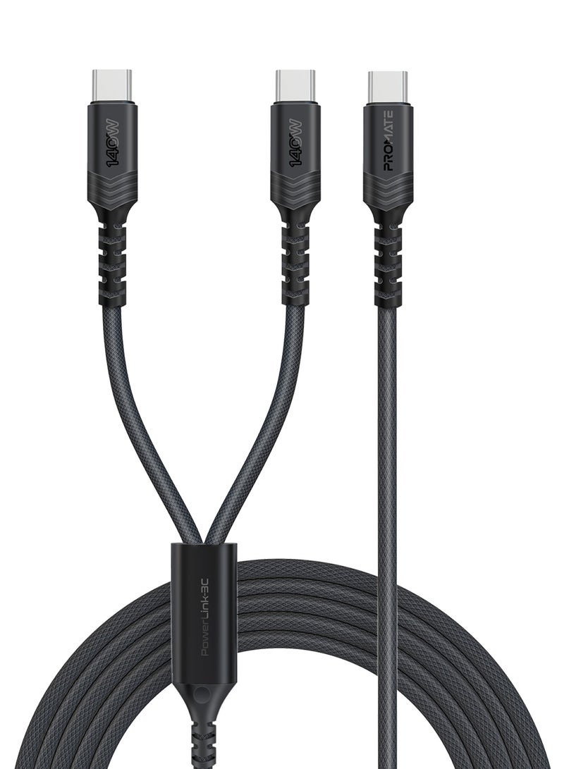 PROMATE USB-C™ to Dual USB-C™ Cable with 140W Power Delivery, 480Mbps Data Transfer, 140cm, Over Current Protection, Braided Design for Laptops, Tablets, Smartphones, PowerLink-3C - Black  - Image 1