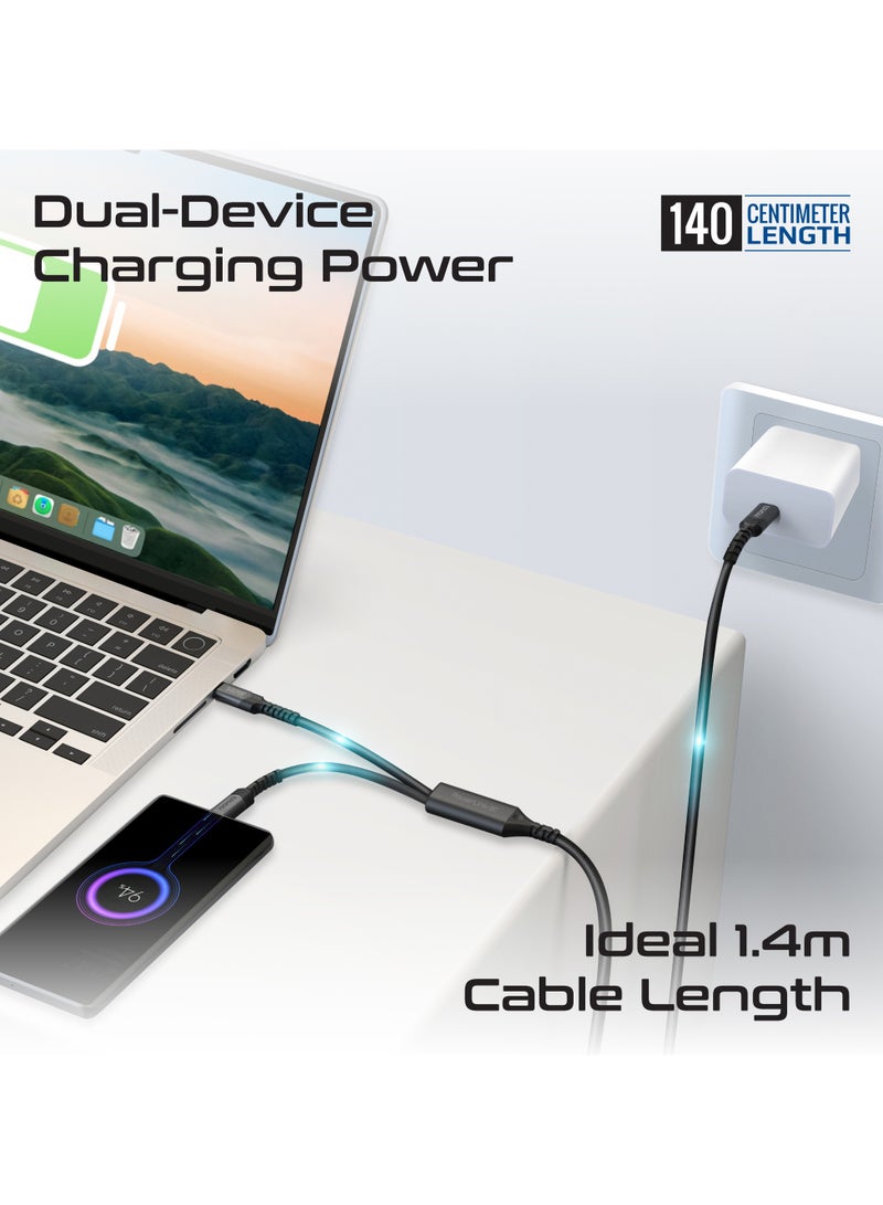 PROMATE USB-C™ to Dual USB-C™ Cable with 140W Power Delivery, 480Mbps Data Transfer, 140cm, Over Current Protection, Braided Design for Laptops, Tablets, Smartphones, PowerLink-3C - Black  - Image 2