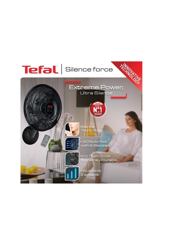 Tefal Silence Force Wall Fan With Remote Control, 16 Inch, 3 Speeds, Black - VG4151EE 75 W VG4151EE black
