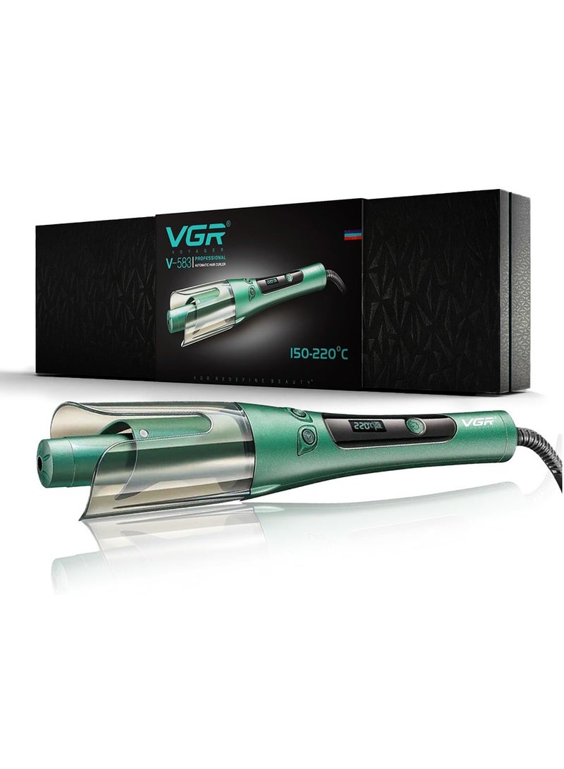 VGR Professional Automatic Hair Curler V-583, LED digital display for precise temperature display (150° to 220°), Ceramic surface with thermal protection technology to reduce damage, Auto-rotate left and right function, Suitable for all hair types, Stylish and comfortable design with 360° swivel cord green  - Image 1