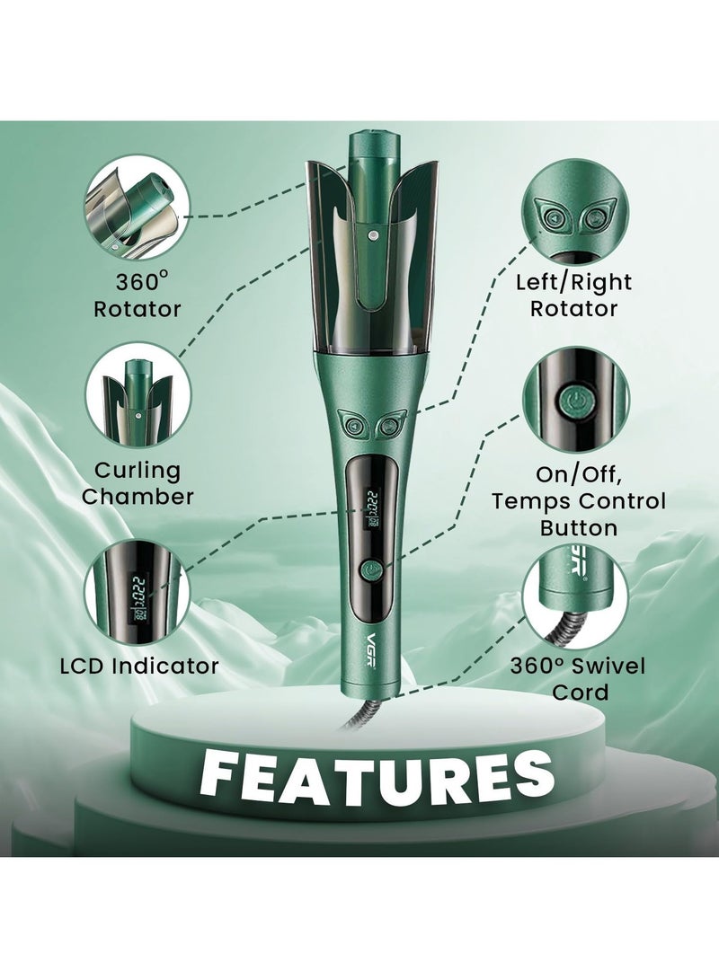Professional Automatic Hair Curler V-583, LED digital display for precise temperature display (150° to 220°), Ceramic surface with thermal protection technology to reduce damage, Auto-rotate left and right function, Suitable for all hair types, Stylish and comfortable design with 360° swivel cord green