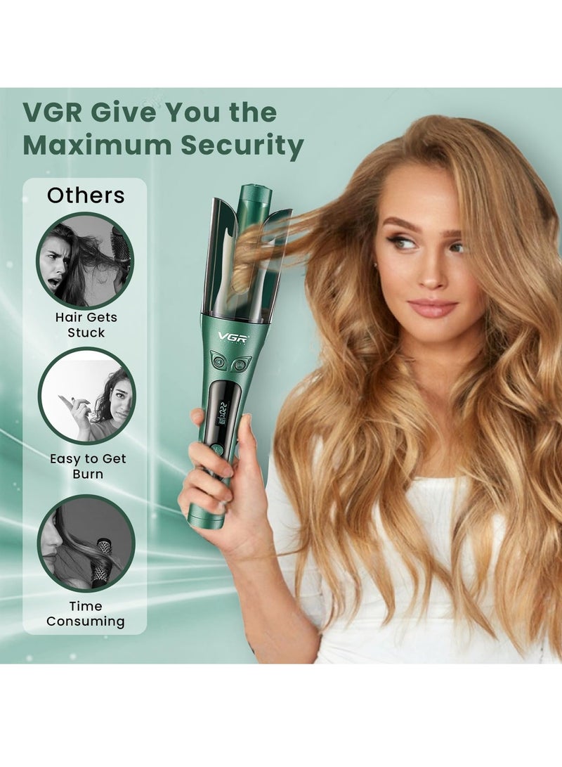 VGR Professional Automatic Hair Curler V-583, LED digital display for precise temperature display (150° to 220°), Ceramic surface with thermal protection technology to reduce damage, Auto-rotate left and right function, Suitable for all hair types, Stylish and comfortable design with 360° swivel cord green  - Image 5