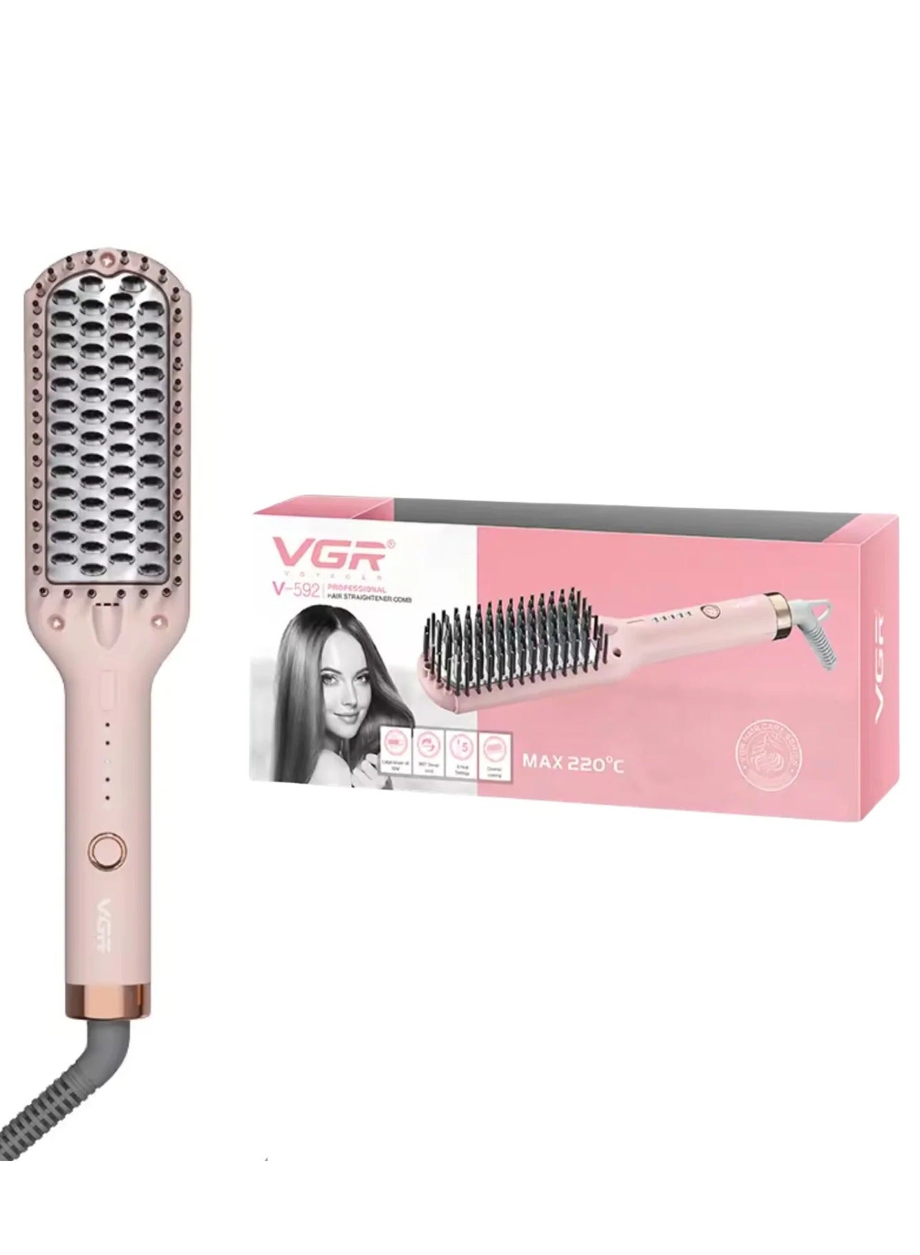 Hair Straightening Brush V-592 , for straight and shiny hair in minutes, Maximum temperature of 220°C, Safe heating heads prevent hair burning and protect the scalp, 5 heating settings, LED temperature indicator for easy control, 360° rotating cable prevents tangling and provides flexibility during use. PINK