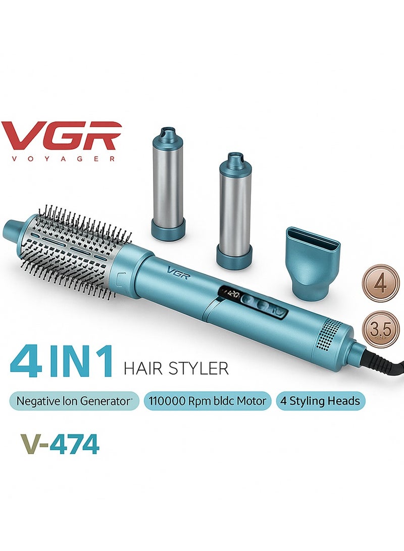 4-in-1 Hair Styler V-474, for drying, straightening, curling, and volumizing hair, 4 multi-purpose styling heads (round brush, 2 curling heads (2 sizes), and a concentrating nozzle), 110,000 RPM BLDC motor, 3.5 heat and speed settings, modern, streamlined, lightweight design with a sleek digital display green