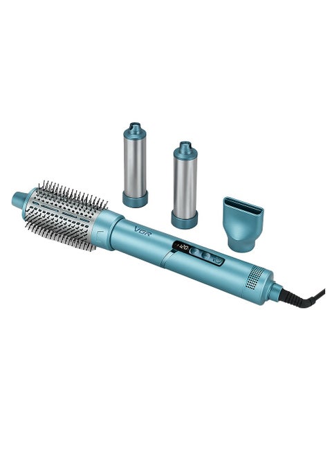 4-in-1 Hair Styler V-474, for drying, straightening, curling, and volumizing hair, 4 multi-purpose styling heads (round brush, 2 curling heads (2 sizes), and a concentrating nozzle), 110,000 RPM BLDC motor, 3.5 heat and speed settings, modern, streamlined, lightweight design with a sleek digital display green