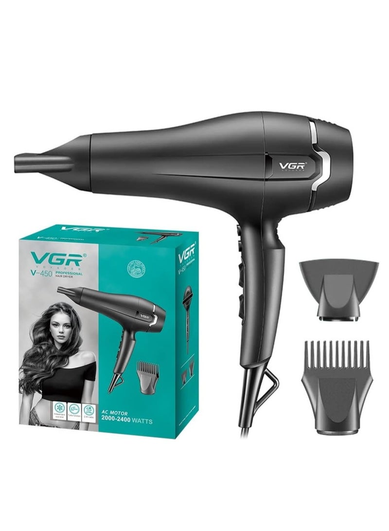 VGR - Professional Hair Dryer V-450, 2000-2400W professional AC motor for strong and steady airflow, comes with 2 professional nozzles (air concentrator nozzle, styling comb) cold air function to fix the style after completion, multiple heat and speed settings to suit all hair types, ideal for daily, home or salon use black - Image 1