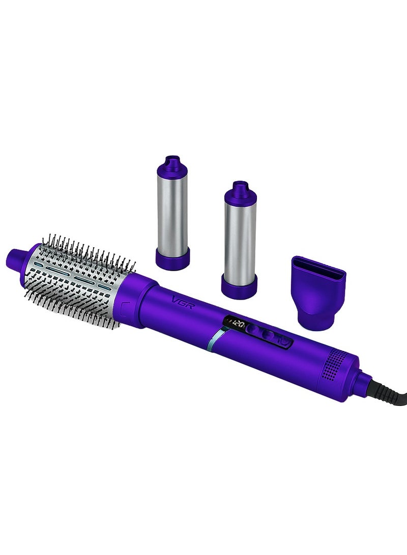 VGR 4-in-1 Hair Styler V-474, for drying, straightening, curling, and volumizing hair, 4 multi-purpose styling heads (round brush, 2 curling heads (2 sizes), and a concentrating nozzle), 110,000 RPM BLDC motor, 3.5 heat and speed settings, modern, streamlined, lightweight design with a sleek digital display , purple 