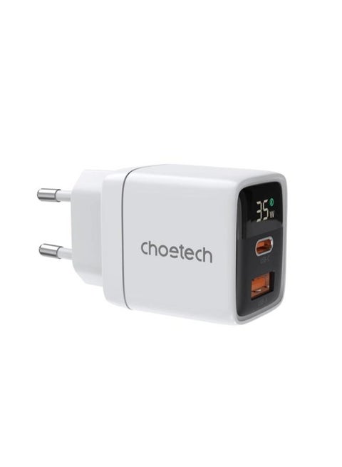 USB-C USB-A PD 35W GaN wall charger with display white