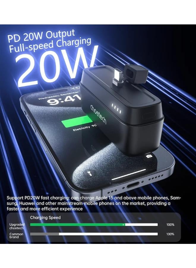 CHOETECH - 5000 mAh Power Bank, 5000mAh, 20W Fast Charging, Type-C Port, Small Size with holder black - Image 1