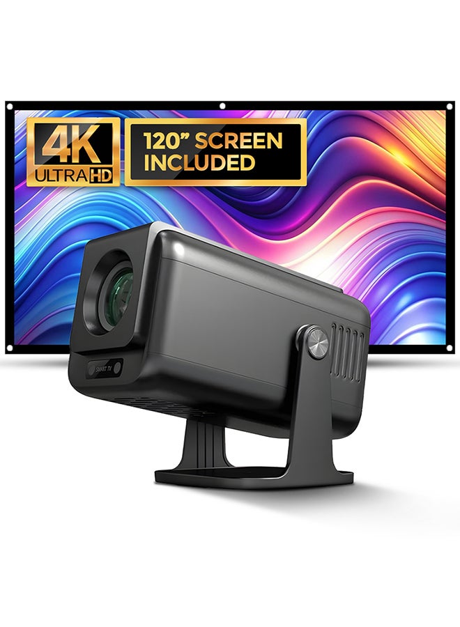 Wownect Mini Projector Android 13.0 With 120 Inch Projector Screen, Native 1080P,2.4/5G WiFi, Bluetooth 5.0, Auto Focus & Keystone,Video Projector PROJ-WO-100-AN_SCR-04 black  - Image 1