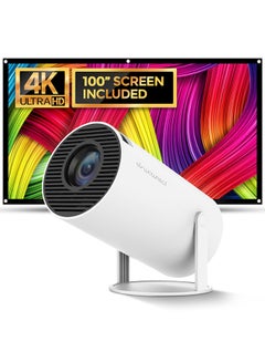 وونكت Mini Projector HY300 With 100" Projector Screen,Auto Keystone Correction, 4K 1080P Support Projector,2.4/5G WiFi, Android 12.0 Video Projector PROJ-WO-87-AN_SCR-03 White  - Image 1
