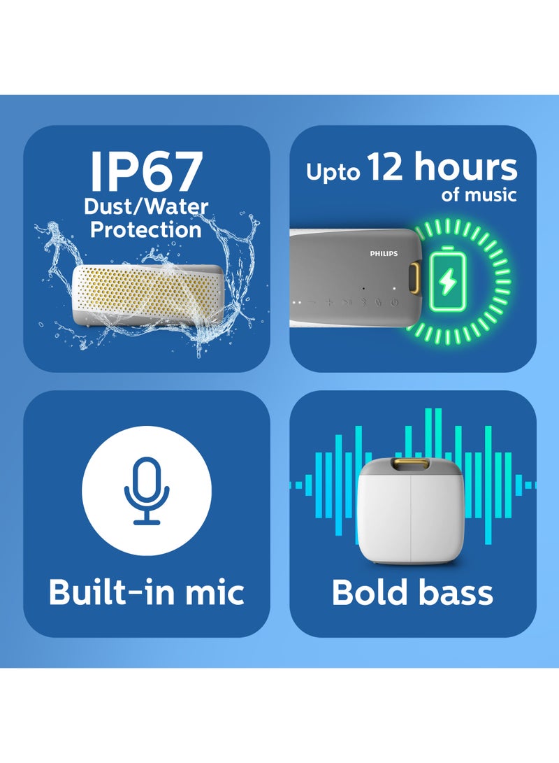 فيليبس Bluetooth Speaker, 10W Stereo Sound, Bluetooth 5, IP67, Waterproof, 12-Hour Playtime, Bold Bass, Wireless Stereo Playing, Ideal for Home, Outdoors White - Image 2