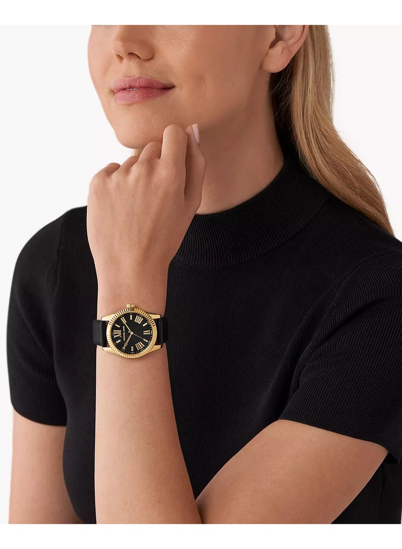 Michael Kors Women's Women's Lexington Three-Hand Black Leather Watch - MK4748  - Image 4