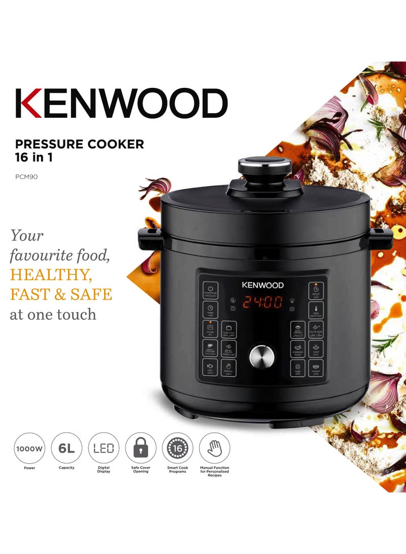 Electric Pressure Cooker 6L Smart Steam Pot 16-in-1 Multifunctional Programmable Multicooker, Steamer, Rice Cooker, Slow Cooker, Saute Pot, Soup, Yogurt, Cake & More 6 L 1000 W PCM90.000BK Black