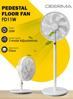 High-Power 16" Pedestal Floor Fan with 7 Biomimetic Leaf Blades, Wide-Angle Oscillation, 4 Height Levels, 3-Speed Settings, Touch Controls, LED Display with Hour Timer and Sleep Mode Silent Noise & Energy-Efficient for Home or Office 50 W DEM-FD11W White