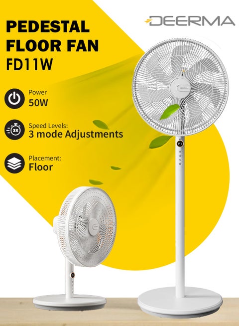 High-Power 16" Pedestal Floor Fan with 7 Biomimetic Leaf Blades, Wide-Angle Oscillation, 4 Height Levels, 3-Speed Settings, Touch Controls, LED Display with Hour Timer and Sleep Mode Silent Noise & Energy-Efficient for Home or Office 50 W DEM-FD11W White