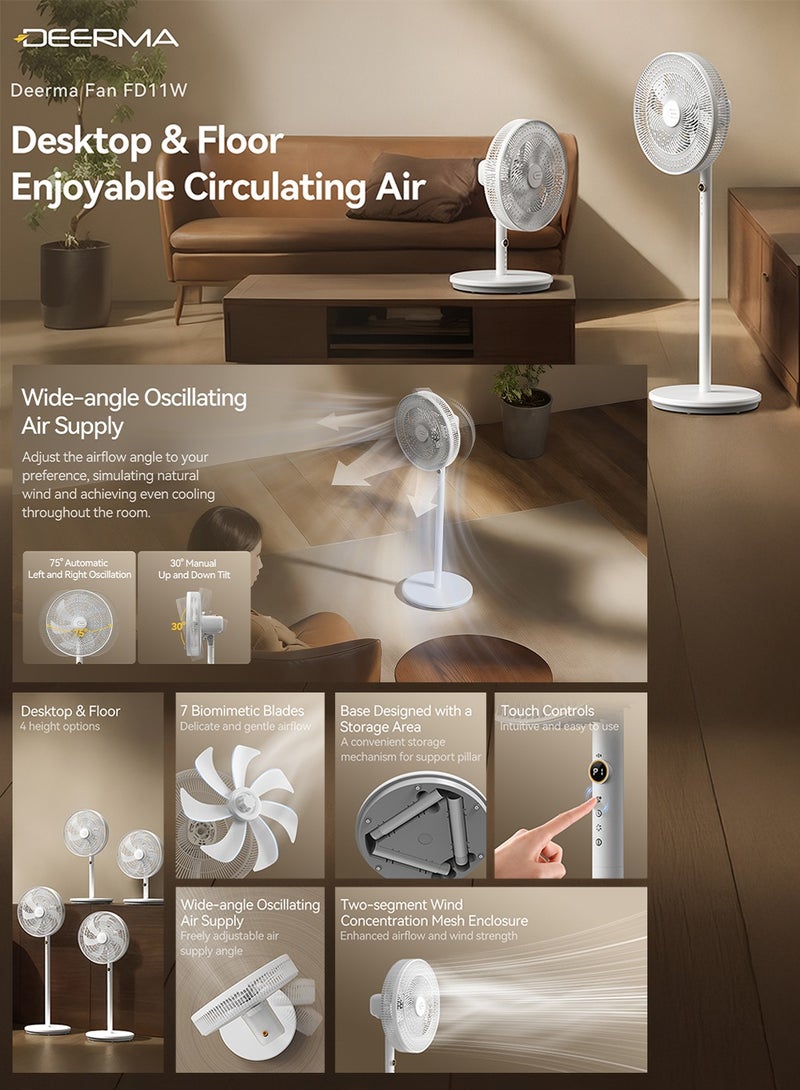Deerma - High-Power 16" Pedestal Floor Fan with 7 Biomimetic Leaf Blades, Wide-Angle Oscillation, 4 Height Levels, 3-Speed Settings, Touch Controls, LED Display with Hour Timer and Sleep Mode Silent Noise & Energy-Efficient for Home or Office 50 W DEM-FD11W White - Image 1
