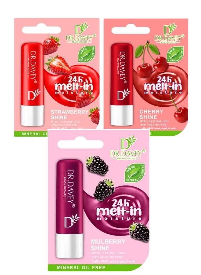 DR. DAVEY 3 Pcs Lip Balm Cherry Shine, Strawberry Shine And Mulberry Shine 3gx3grams