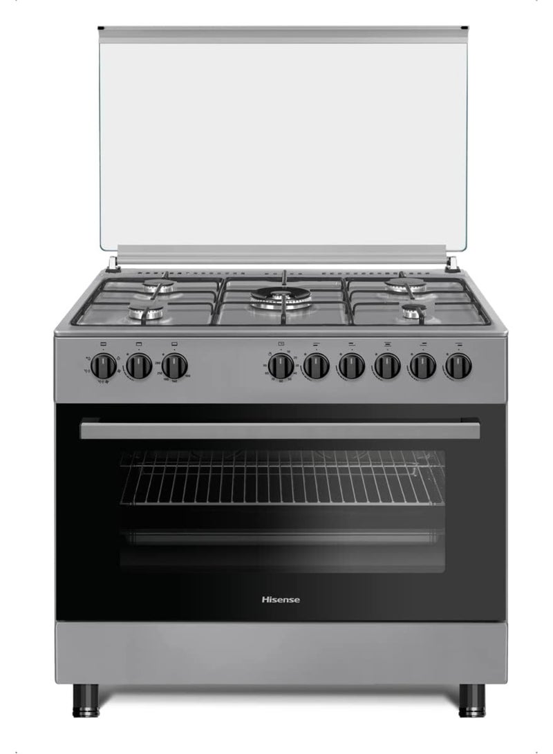هايسنس 90 cm Freestanding Gas Cooker With Dual Fan, 110 Liters AirFry function, Pizza function, Mate enameled Pan Support, Double fan in oven, One Hand Ignition, Stainless Steel, 1 Year Warranty HGI9B20S Grey  - Image 1