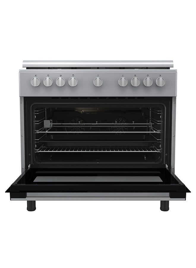 هايسنس موقد غاز قائم بذاته 90 سم مع مروحتين، وظيفة هواء القلي 110 لتر، وظيفة بيتزا، دعم صينية مينا، مروحتين في الفرن، إشعال بيد واحدة، فولاذ مقاوم للصدأ، ضمان لمدة سنة - Image 1