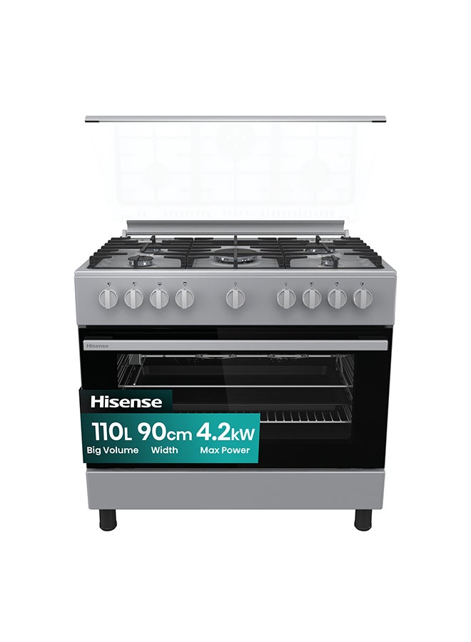 هايسنس موقد غاز قائم بذاته 90 سم مع مروحتين، وظيفة هواء القلي 110 لتر، وظيفة بيتزا، دعم صينية مينا، مروحتين في الفرن، إشعال بيد واحدة، فولاذ مقاوم للصدأ، ضمان لمدة سنة - Image 3