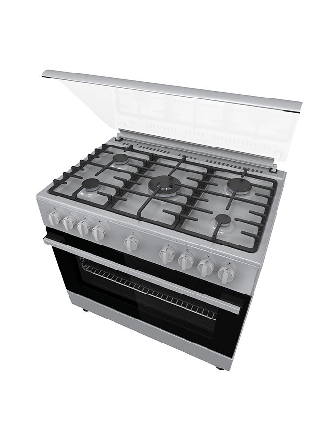 هايسنس موقد غاز قائم بذاته 90 سم مع مروحتين، وظيفة هواء القلي 110 لتر، وظيفة بيتزا، دعم صينية مينا، مروحتين في الفرن، إشعال بيد واحدة، فولاذ مقاوم للصدأ، ضمان لمدة سنة - Image 4