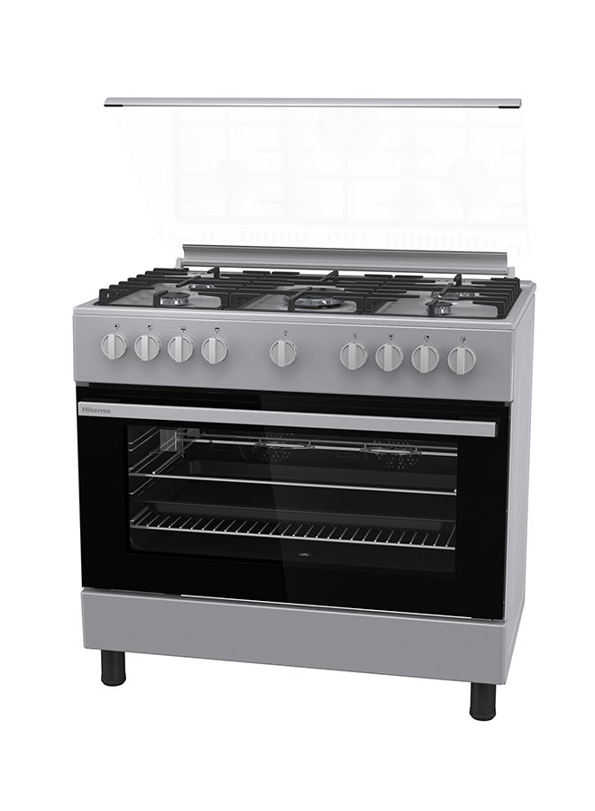 هايسنس موقد غاز قائم بذاته 90 سم مع مروحتين، وظيفة هواء القلي 110 لتر، وظيفة بيتزا، دعم صينية مينا، مروحتين في الفرن، إشعال بيد واحدة، فولاذ مقاوم للصدأ، ضمان لمدة سنة - Image 2
