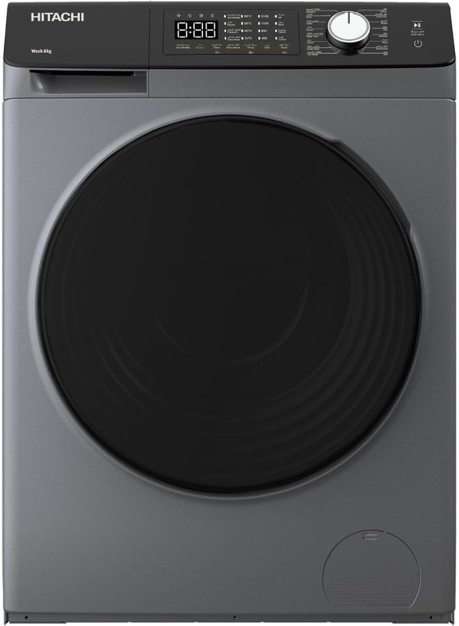HITACHI - Hitachi 8KG Front Load Washing Machine, 1200 RPM, 10-Year Warranty on Inverter Motor, 16 Programs, Fully Automatic Washer, Intelligent Sensor System, LED Multifunctional Display 8 kg BD-802HVOS Grey - Image 1
