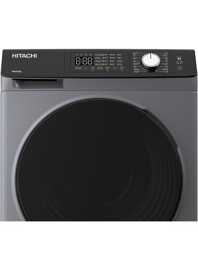 HITACHI - Hitachi 8KG Front Load Washing Machine, 1200 RPM, 10-Year Warranty on Inverter Motor, 16 Programs, Fully Automatic Washer, Intelligent Sensor System, LED Multifunctional Display 8 kg BD-802HVOS Grey - Image 1