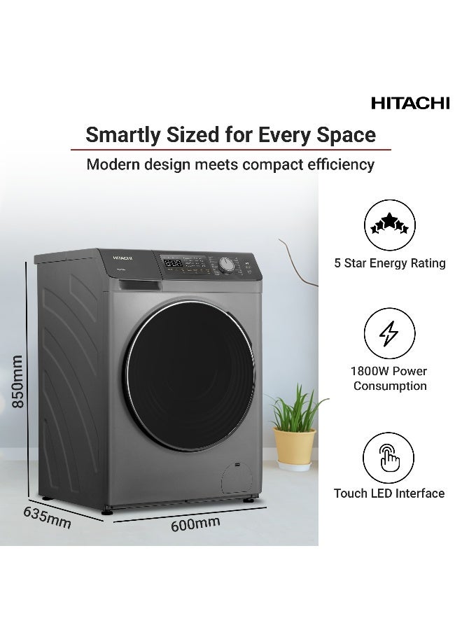 هيتاشي غسالة هيتاشي 9.5 كجم تحميل أمامي، 1200 دورة في الدقيقة، ضمان 10 سنوات على محرك العاكس، 16 برنامج، غسالة أوتوماتيكية بالكامل، نظام استشعار ذكي، شاشة LED متعددة الوظائف، رمادي BD-9504HVOS - Image 3