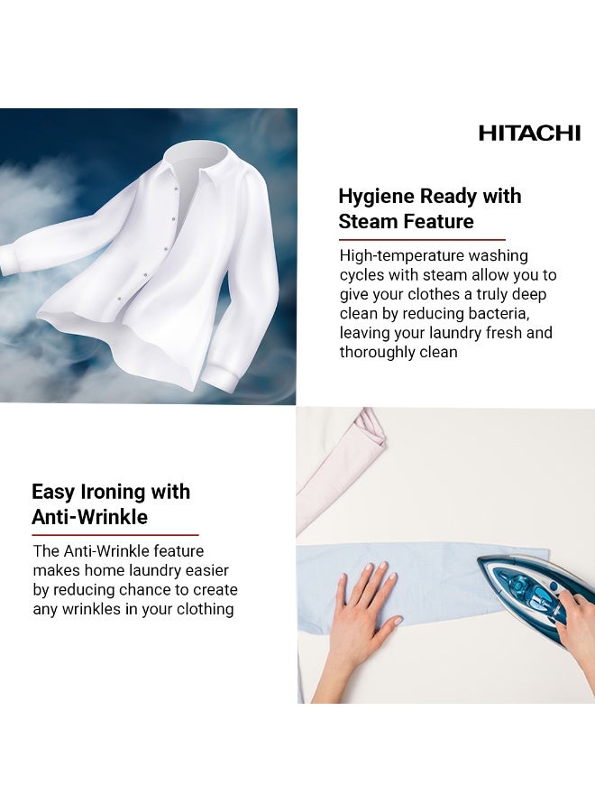 هيتاشي غسالة هيتاشي 9.5 كجم تحميل أمامي، 1200 دورة في الدقيقة، ضمان 10 سنوات على محرك العاكس، 16 برنامج، غسالة أوتوماتيكية بالكامل، نظام استشعار ذكي، شاشة LED متعددة الوظائف، رمادي BD-9504HVOS - Image 5