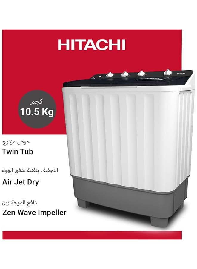 هيتاشي غسالة هيتاشي 10.5 كجم ذات حوضين، تحميل علوي مع شبه أوتوماتيكي وسعة مجفف 8 كجم، أقصى سرعة دوران (دورة في الدقيقة) 1350، تجفيف هوائي، تحكم سهل ولوح غسيل للأصفاد، أبيض/رمادي زئبقي، LTTH0JWTMRG - Image 2
