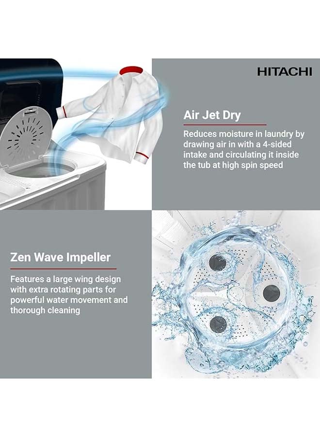 هيتاشي غسالة هيتاشي 10.5 كجم ذات حوضين، تحميل علوي مع شبه أوتوماتيكي وسعة مجفف 8 كجم، أقصى سرعة دوران (دورة في الدقيقة) 1350، تجفيف هوائي، تحكم سهل ولوح غسيل للأصفاد، أبيض/رمادي زئبقي، LTTH0JWTMRG - Image 5
