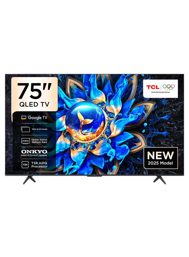 TCL Television 75 Inch Smart TV 4K QLED Colorful Quantum Crystal HDR 10+ Gaming Google TV, 144Hz Native Refresh Rate, ONKYO 2.1 Hi-Fi, Dolby Atmos, MEMC, Game Master, (2025 Model) 75T8C Brushed Titanium  - Image 1