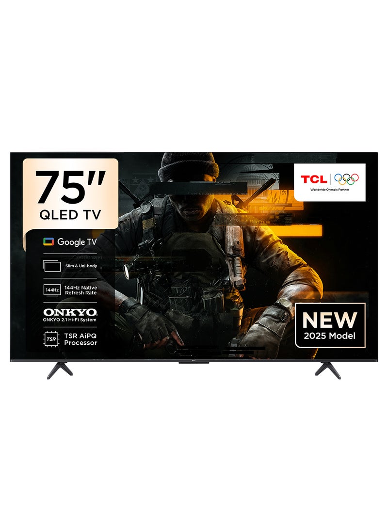 تي سي إل Television 75 Inch Smart TV 4K QLED Colorful Quantum Crystal HDR 10+ Gaming Google TV, 144Hz Native Refresh Rate, ONKYO 2.1 Hi-Fi, Dolby Atmos, MEMC, Game Master, (2025 Model) 75T8C Brushed Titanium - Image 1