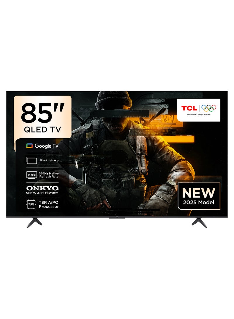 تي سي إل 85 Inch Smart TV 4K QLED Colorful Quantum Crystal HDR 10+ Gaming Google TV, 144Hz Native Refresh Rate, ONKYO 2.1 Hi-Fi, Dolby Atmos, MEMC, Game Master, (2025 Model) 85T8C Brushed Titanium - Image 1