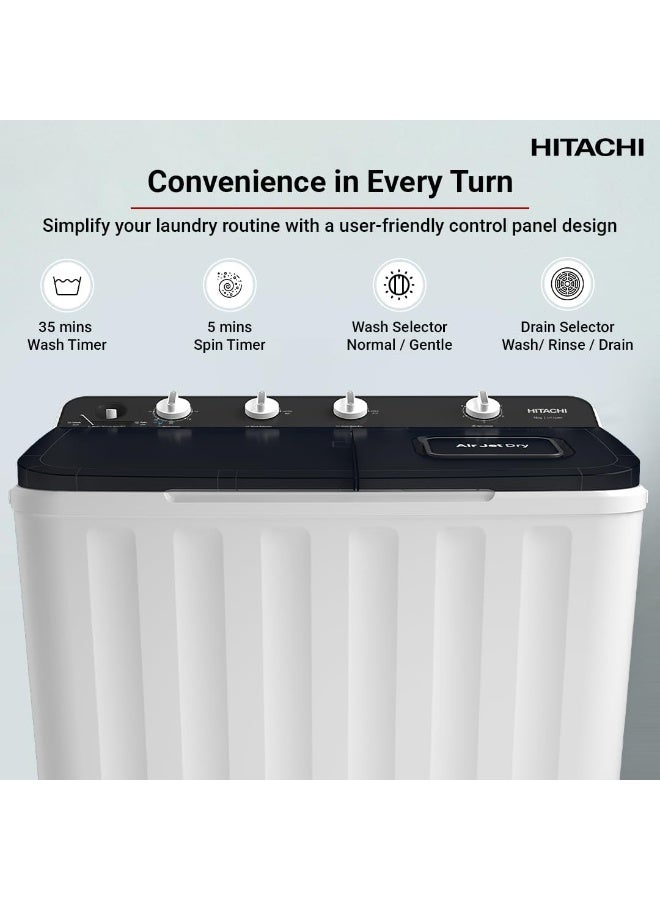 هيتاشي 12KG Twin Tub, Top Load Washing Machine with Semi Automatic and 8KG Dryer Capacity, Max Spin Speed (RPM) 1350, Air Jet Dry, Easy Control & Cuffs Wash Board, White/Mercury Grey, 12 kg LTT12JWTMRG white  - Image 4