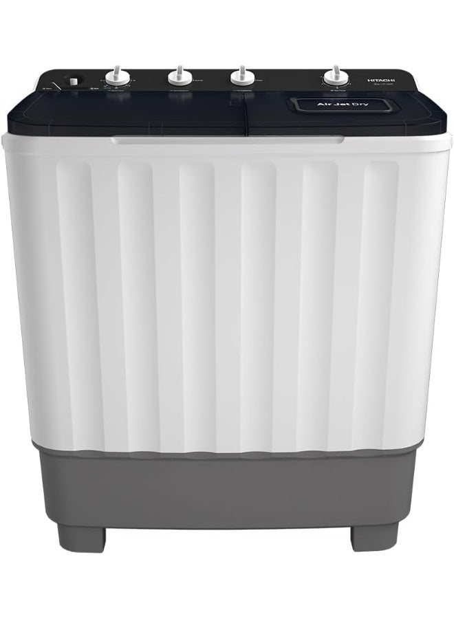 هيتاشي 12KG Twin Tub, Top Load Washing Machine with Semi Automatic and 8KG Dryer Capacity, Max Spin Speed (RPM) 1350, Air Jet Dry, Easy Control & Cuffs Wash Board, White/Mercury Grey, 12 kg LTT12JWTMRG white  - Image 1