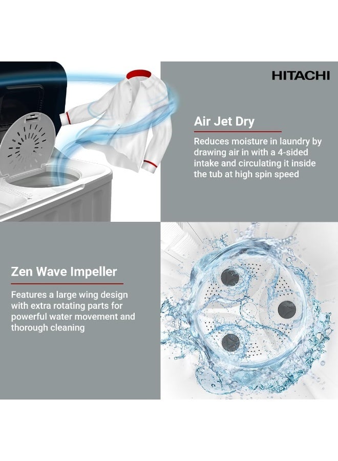 هيتاشي 12KG Twin Tub, Top Load Washing Machine with Semi Automatic and 8KG Dryer Capacity, Max Spin Speed (RPM) 1350, Air Jet Dry, Easy Control & Cuffs Wash Board, White/Mercury Grey, 12 kg LTT12JWTMRG white  - Image 5