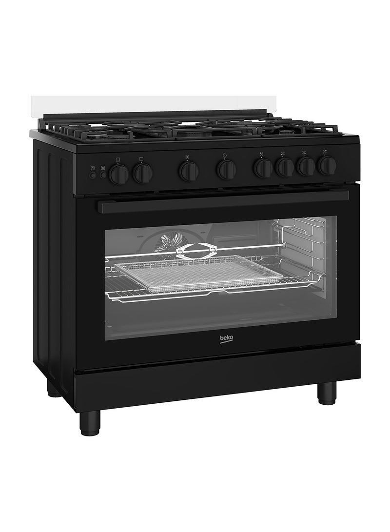 Beko 90x60cm Freestanding Gas Cooker, Full Safety with 5 High Efficiency Gas Burner(1 Wok), Conventional fan oven,106 liters Large Oven Capacity, Cast iron pan Support BGGR 11127 GBA Black  - Image 1