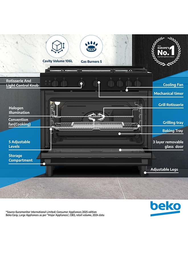 بيكو موقد غاز قائم 90x60 سم، أمان كامل مع 5 شعلات غاز عالية الكفاءة (1 ووك)، فرن مروحي تقليدي، سعة فرن كبيرة 106 لترات، دعم لقدر من الحديد الزهر - Image 2