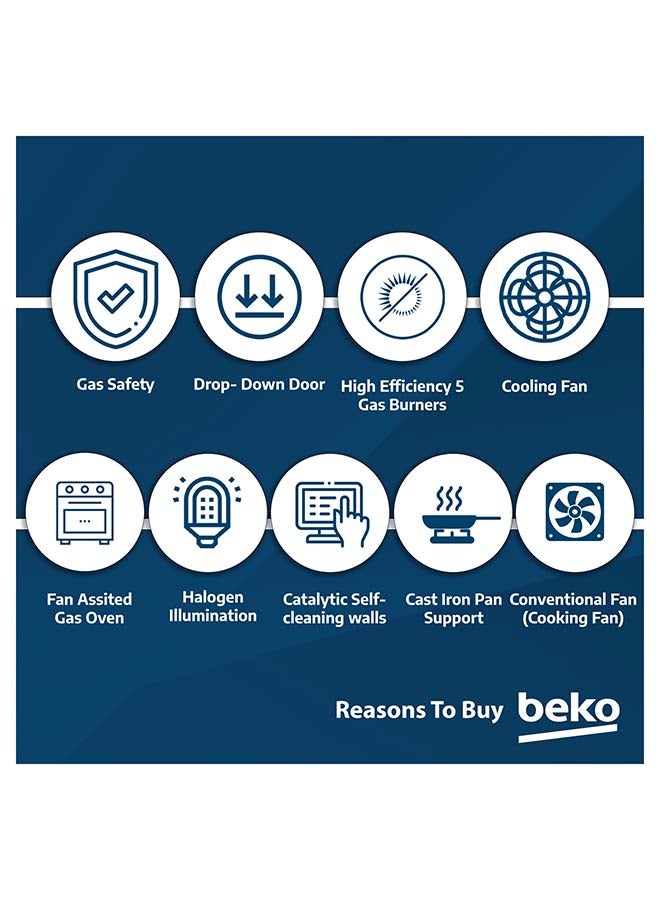 بيكو موقد غاز قائم 90x60 سم، أمان كامل مع 5 شعلات غاز عالية الكفاءة (1 ووك)، فرن مروحي تقليدي، سعة فرن كبيرة 106 لترات، دعم لقدر من الحديد الزهر - Image 5