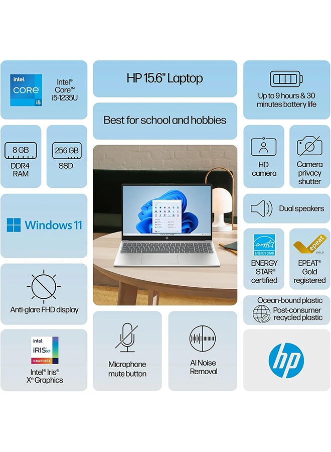 HP - Touch Laptop With 15.6-Inch Full HD Display, Intel Core i5-1235u Processor/8GB RAM/256GB SSD/Intel Iris XE Graphics/Windows 11 Pro + EAT Mouse pad English/Arabic Natural Silver - Image 1