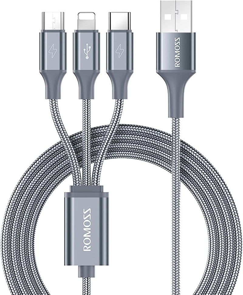 ROMOSS 3 IN 1 LIGHTNING/MICRO/USB-C TO USB 3.5A NYLON BRAIDED CABLE 1M - GREY - Image 1