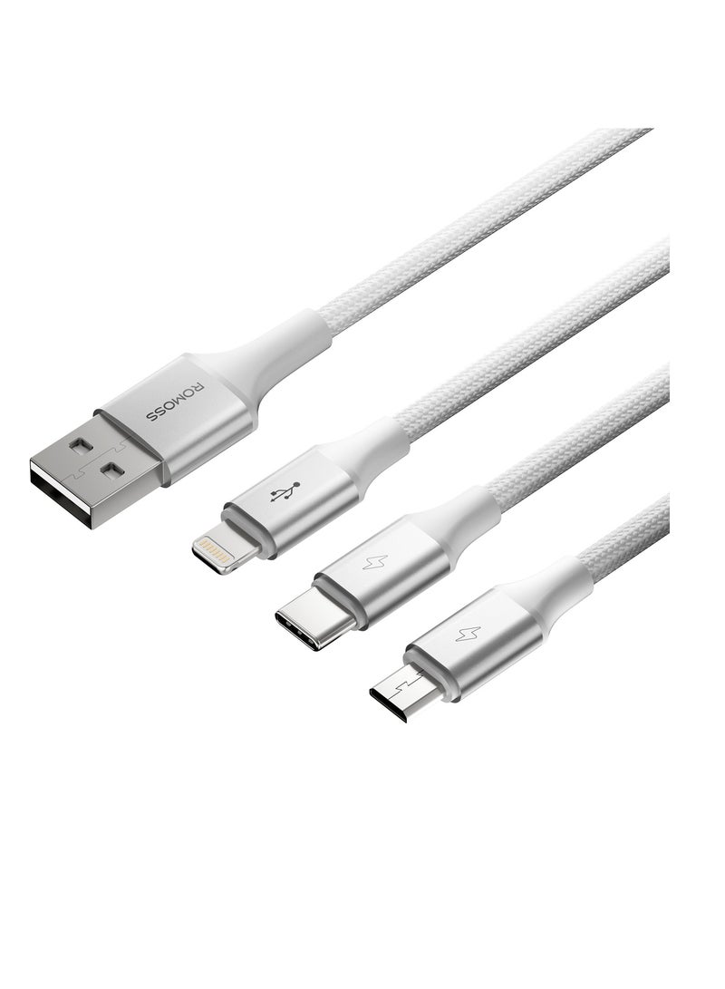 ROMOSS 3 IN 1 LIGHTNING/MICRO/USB-C TO USB 3.5A NYLON BRAIDED CABLE 1M - GREY - Image 2