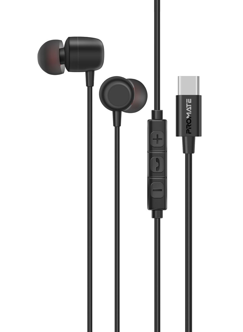 PROMATE High Fidelity In-Ear Wired Stereo USB-C Earphone With ENC Mic, Inline Controls, Durable Metal Housing for Crystal-Clear Calls, 1.2m TPE Cable And Universal Compatibility, Silken-ENC - Black - Image 1