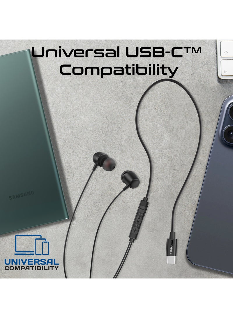 PROMATE High Fidelity In-Ear Wired Stereo USB-C Earphone With ENC Mic, Inline Controls, Durable Metal Housing for Crystal-Clear Calls, 1.2m TPE Cable And Universal Compatibility, Silken-ENC - Black - Image 4