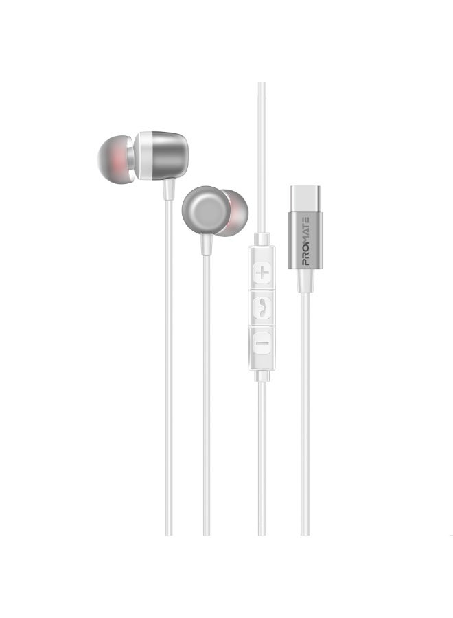 PROMATE High Fidelity In-Ear Wired Stereo USB-C Earphone With ENC Mic, Inline Controls, Durable Metal Housing For Crystal-Clear Calls, 1.2m TPE Cable And Universal Compatibility, Silken-ENC - White  - Image 1