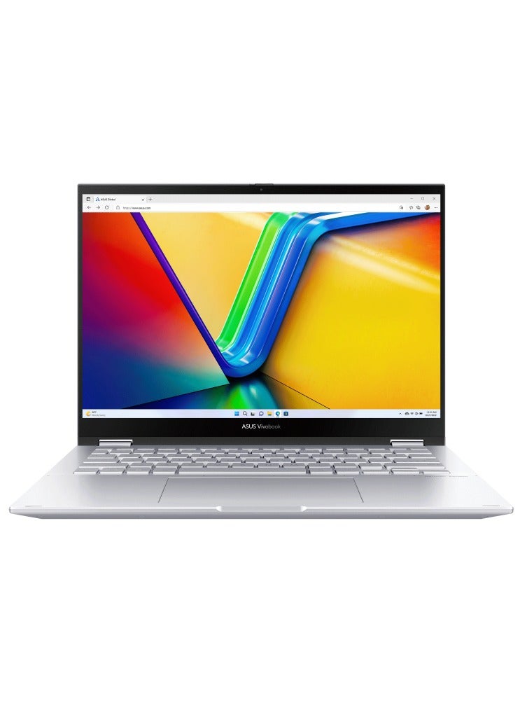 أسوس - ASUS Vivobook S14 Flip TP3402VA-EG009W Operating System	Windows 11 Home WUXGA (1920 x 1200) 14.0-inch IPS-level Panel Processor	Intel® Core™ i9-13900H Processor 2.6 GHz  On board memory	DDR4 16GB  Intergrated GPU Intel Iris Xᵉ Graphics  Storage 512GB M.2 NVMe™ PCIe® 4.0 SSD color (Cool Silver) Keyboard color (Silver) English/Arabic Cool Silver - Image 1