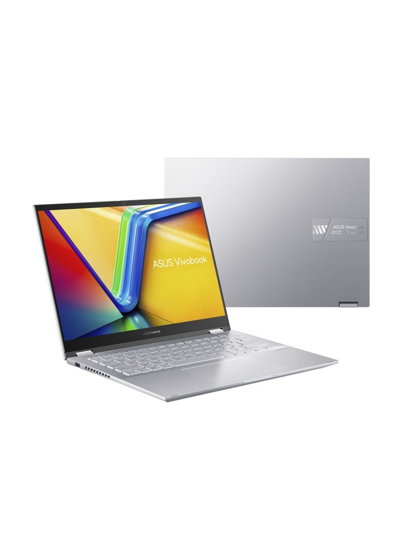 أسوس - ASUS Vivobook S14 Flip TP3402VA-EG009W Operating System	Windows 11 Home WUXGA (1920 x 1200) 14.0-inch IPS-level Panel Processor	Intel® Core™ i9-13900H Processor 2.6 GHz  On board memory	DDR4 16GB  Intergrated GPU Intel Iris Xᵉ Graphics  Storage 512GB M.2 NVMe™ PCIe® 4.0 SSD color (Cool Silver) Keyboard color (Silver) English/Arabic Cool Silver - Image 1
